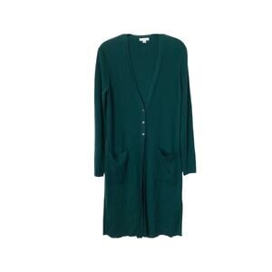 J Jill Cardigan Size XS Green Silk Blend Long Sleeve Long Line Ribbed Duster